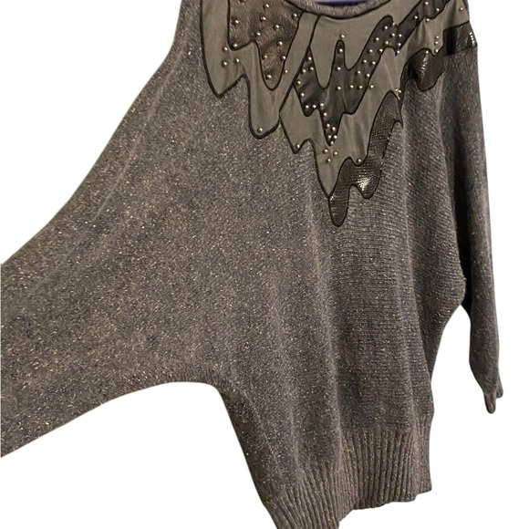 VTG 80s silk blend Black Gray Crew Neck Sweater leather stud detail glam rock - Picture 2 of 6